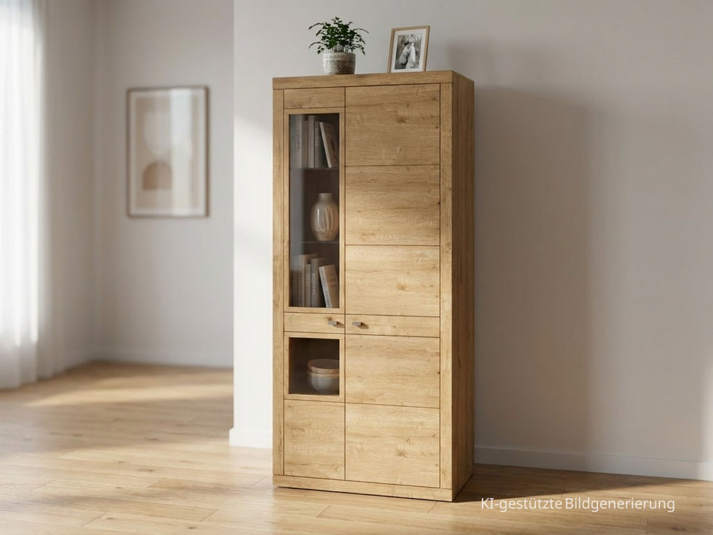 moderner brauner Schrank stilvoll dekoriert in einem hellen Raum, Bild KI generiert