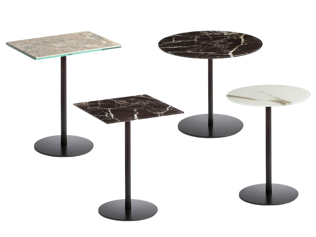 designwerk Tische - Couchtisch Center Leg | H: 53 cm Set aus vier Beistelltischen mit runden und quadratischen Marmorplatten in verschiedenen Farben und Designs, auf schwarzen Metallgestellen