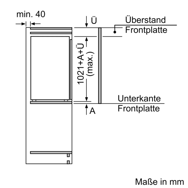 Diagramm zeigt die Maße in Millimetern für die Frontplatte eines Küchenschranks mit Überstand und Unterkante.