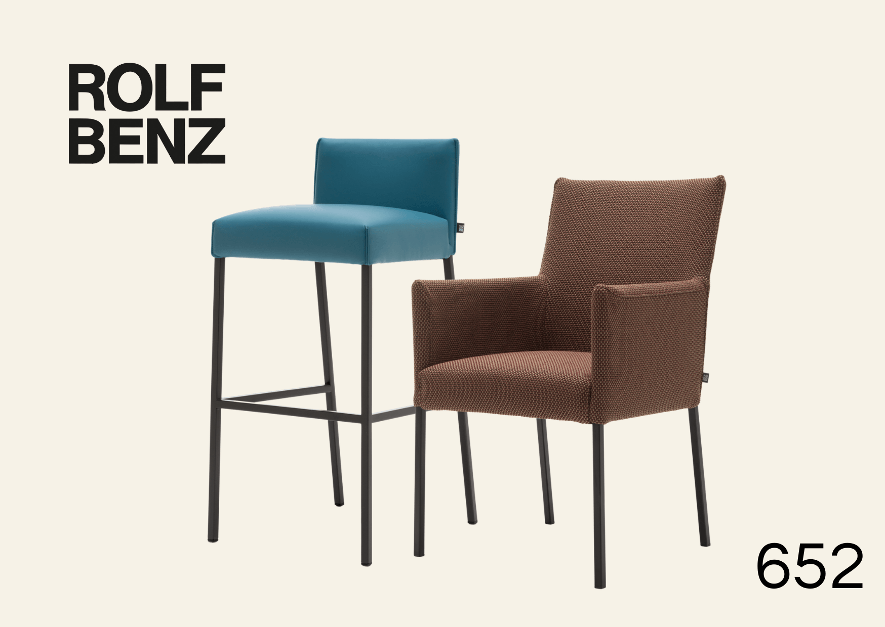 Esszimmerstühle mit Polsterung. Aufschrift Bild: Rolf Benz 652.