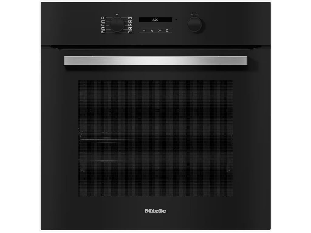 Miele - Backofen | H 2766-1 B 125 Edition Vorderansicht eines schwarzen Miele Einbaubackofens mit einem Edelstahlgriff. Im oberen Bereich ist das Bedienfeld mit zwei versenkbaren Drehknöpfen und einer digitalen Anzeige zu sehen.