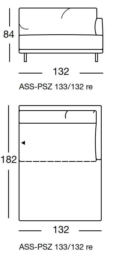 Maßzeichnung eines Sofaelements vor weißem Hintergrund freistil Rolf Benz 133