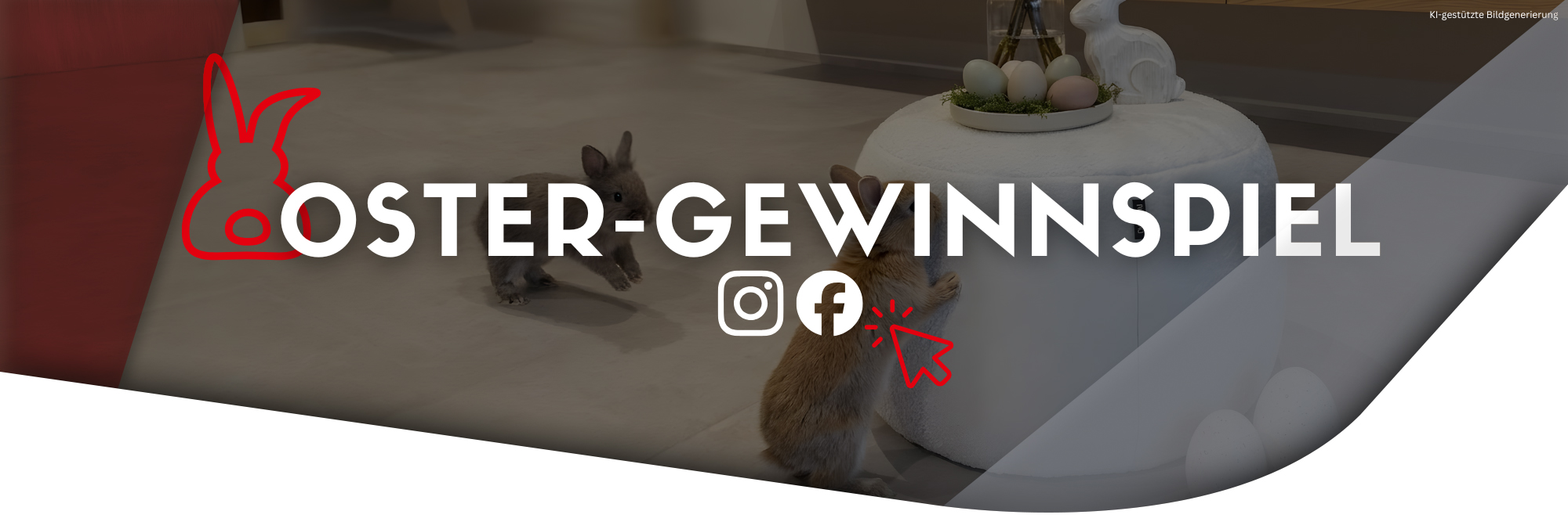 Header mit der Aufschrift "Oster-Gewinnspiel" Im intergrund ein weißer Hocker mit zwei Hasen