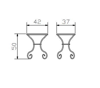 Maßzeichnung eines Beistelltisches mit verspieltem Eistengestell und Glasplatte Cura von Hasena
