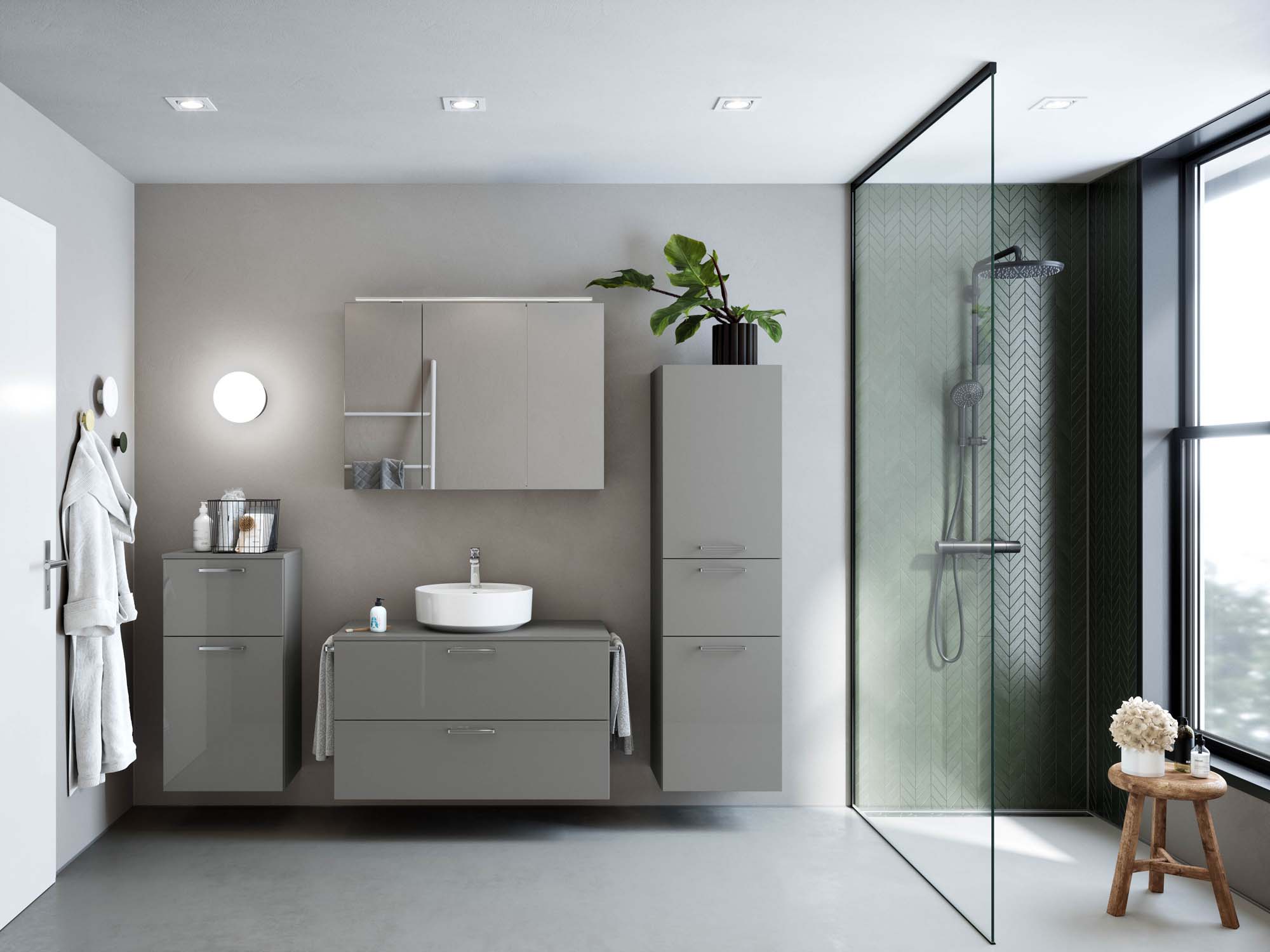 Badezimmermöbel-Set 3 Schränke grau mit Waschtisch und Spiegelschrank nobilia 