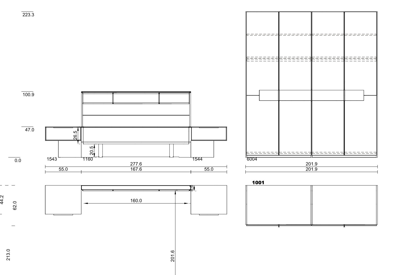 Maßzeichnung eines viertürigen Schrankes und einem Bett mit Hängenachtschränken vor weißem Hintergrund