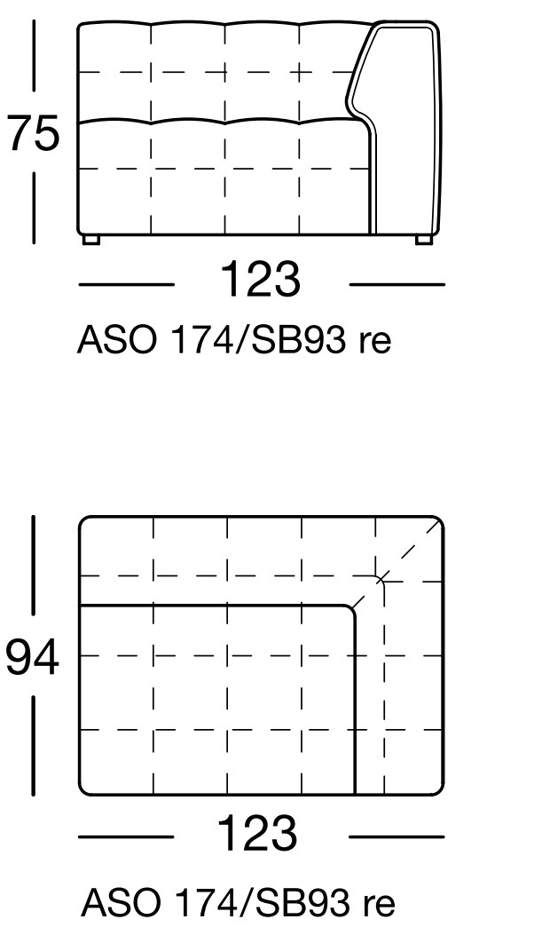 Maßzeichnung eines Sofaelements vor weißem Hintergrund