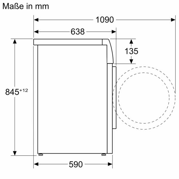 Schematische Darstellung eines Haushaltsgeräts mit den Abmessungen 1090 mm Breite, 638 mm Tiefe und 845+12 mm Höhe in Millimetern angegeben. Seitlicher Ausschnitt von 135 mm markiert.