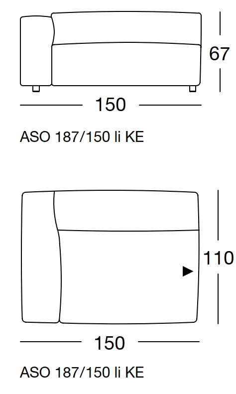 Maßzeichnung eines Sofaelements vor weißem Hintergrund freistil Rolf Benz 187