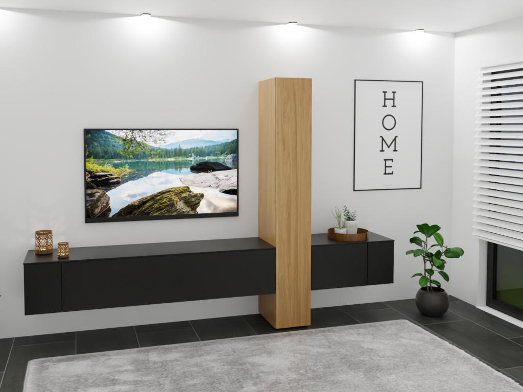 Sudbrock Cubo - Wohnwand | 3 Türen, 2 Klappen | B: 290,0 cm | Lack cosmos-schwarz Ein modernes Wohnzimmer mit einem minimalistischen Möbelarrangement, bestehend aus schwarzen Schränken und einem hölzernen Element. An der Wand hängt ein Bild von einer natürlichen Landschaft. Pflanzen und dekorative Kerzen ergänzen das ruhige Ambiente.
