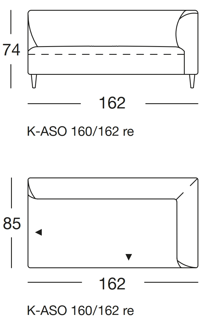 Maßzeichnung eines Sofaelements vor weißem Hintergrund freistil Rolf Benz 160