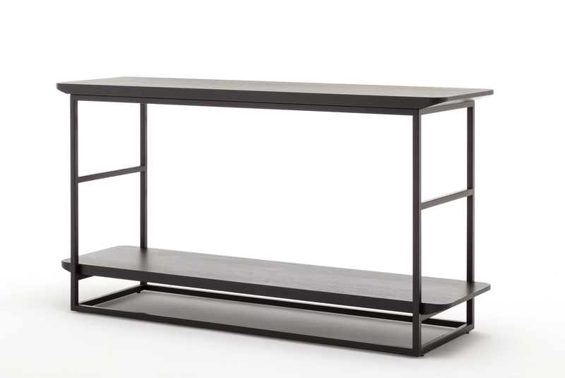 Eleganter Konsolentisch mit dunkler Metallstruktur und Holzböden, ideal für Flur oder Wohnzimmer