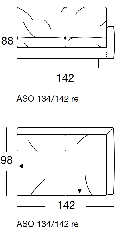 Maßzeichnung eines Sofaelement vor weißem Hintergrund freistil Rolf Benz 134 