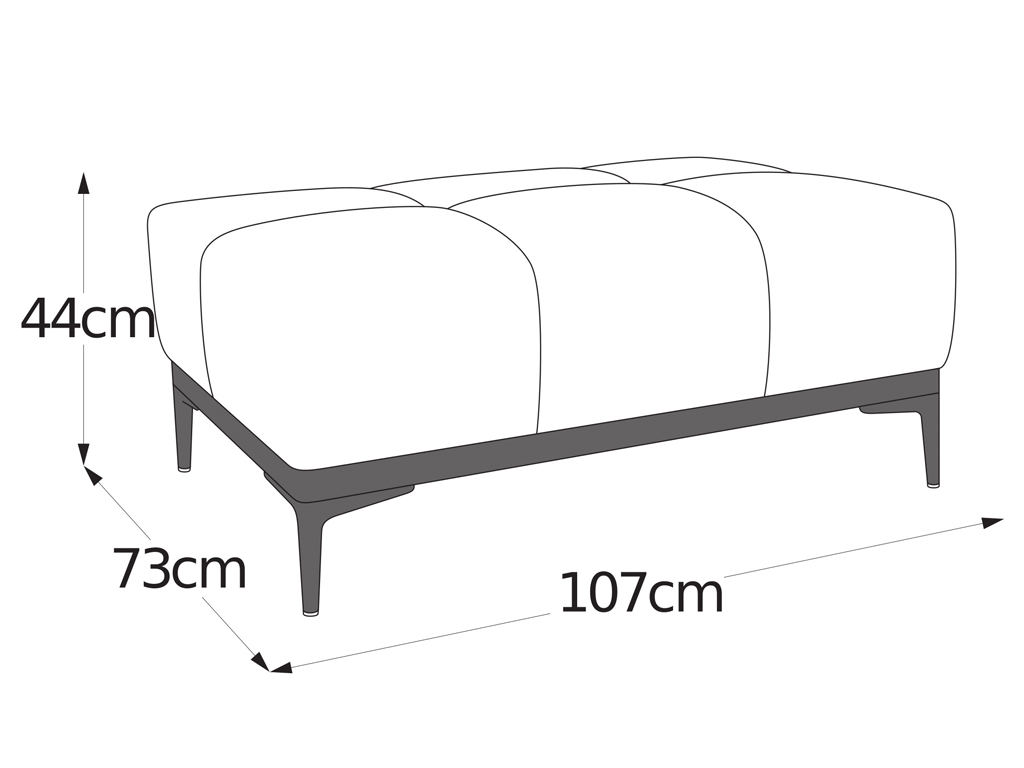 Eine schematische Strichzeichnung eines rechteckigen Hockers mit gestepptem Muster und schlanken Beinen. Die Maße sind angegeben: 107 cm Länge, 73 cm Breite und 44 cm Höhe.