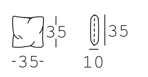 Diagramm eines quadratischen Kissens mit den Dimensionen 35 cm Länge, 35 cm Breite und 10 cm Höhe