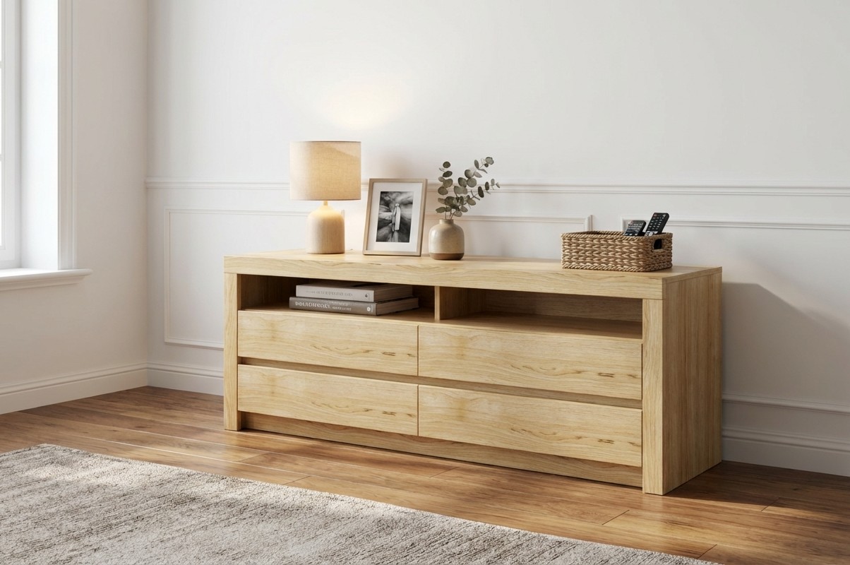 braunes Lowboard stilvoll dekoriert in einem modernen Zimmer