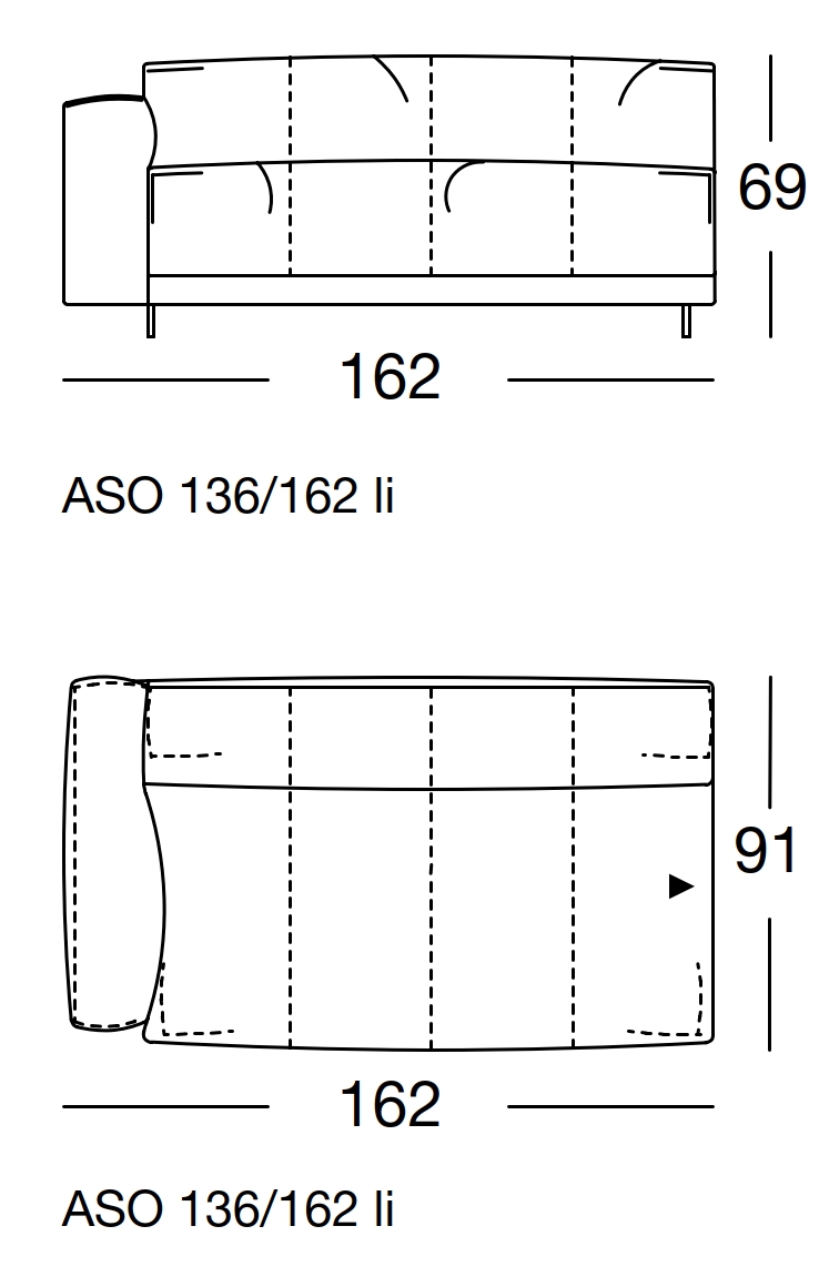 Maßzeichnung eines Sofaelements vor weißem Hintergrund freistil Rolf Benz 136