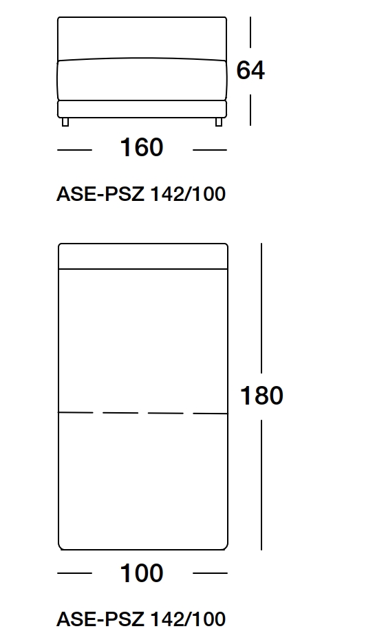 Maßzeichnung eines Sofaelements vor weißem Hintergrund freistil Rolf Benz 142