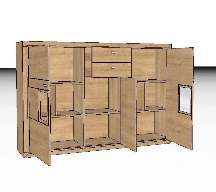 Detaillierte Ansicht eines modernen Holzschranks mit geöffneter Tür, zeigt mehrere Regalfächer und Schubladen.