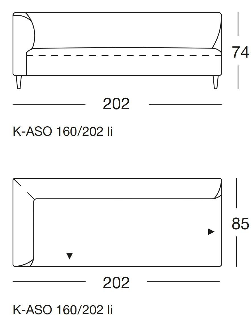Maßzeichnung eines Sofaelements vor weißem Hintergrund freistil Rolf Benz 160