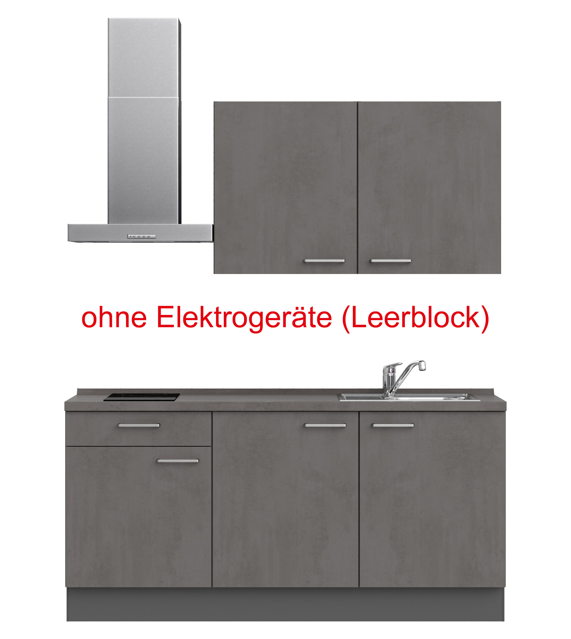 küchenzeile grau mit Herd, Dunstabzugshaube, Waschbecken, Armatur mit Hinweistext ohne Elektrogeräte (Leerblock) nobilia riva