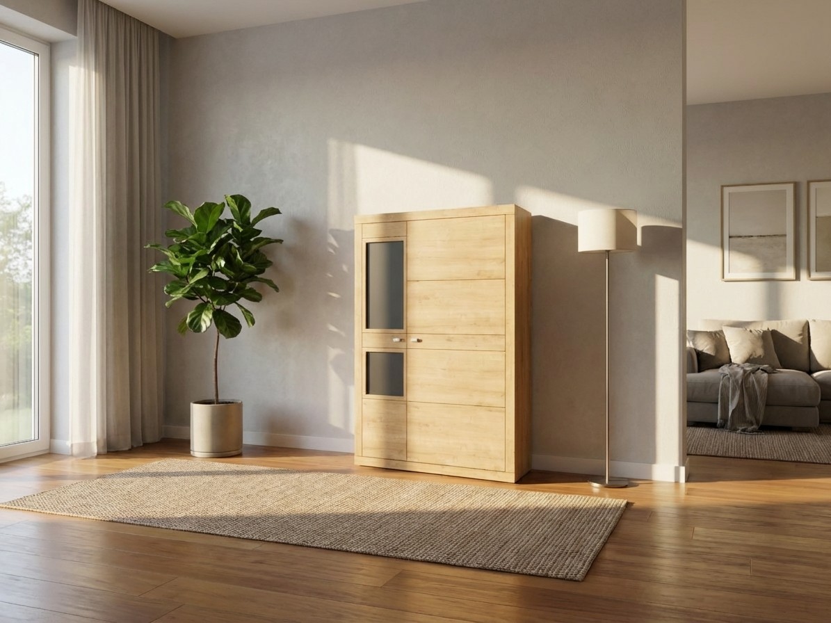 moderner brauner Schrank stilvoll dekoriert in einem hellen Raum, Bild KI generiert