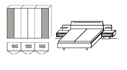 Illustration von einem Schrank mit sechs Türen und Maßangaben und einem Bett mit zwei Konsolen vor weißem Hintergrund