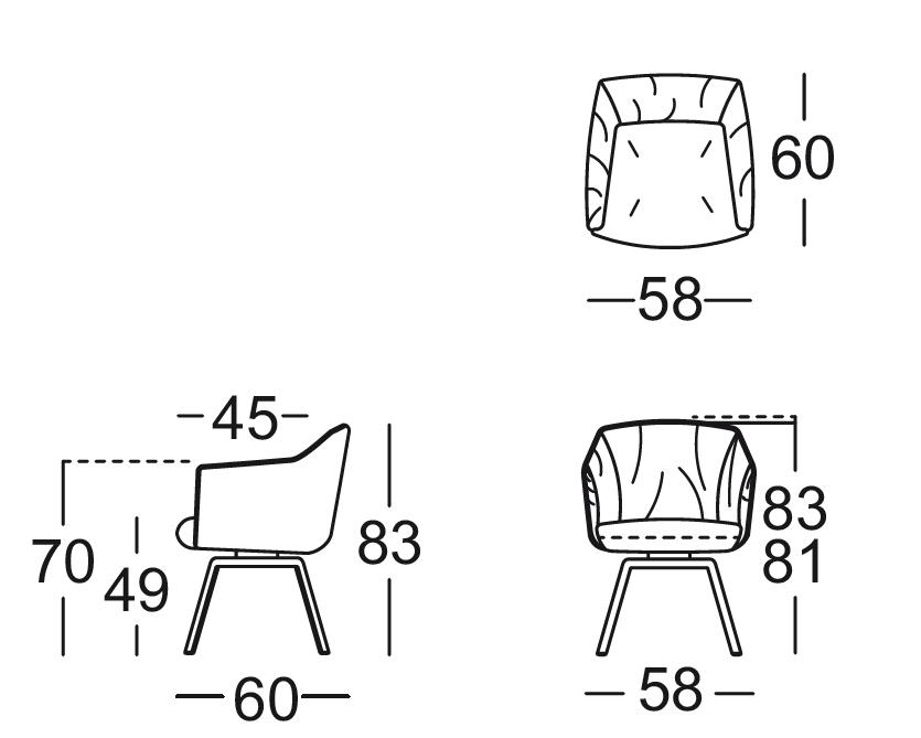 Diagramm mit drei Ansichten eines Sessels, das die Maße der Breite, Höhe und Tiefe zeigt. Ansicht von vorne, oben und der Seite mit numerischen Angaben.