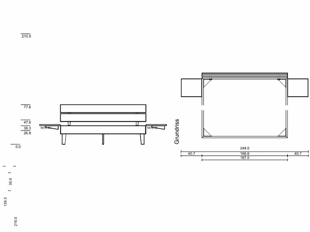 Detaillierte technische Zeichnung eines Sofas inklusive Bemaßungen und Grundrissansicht.