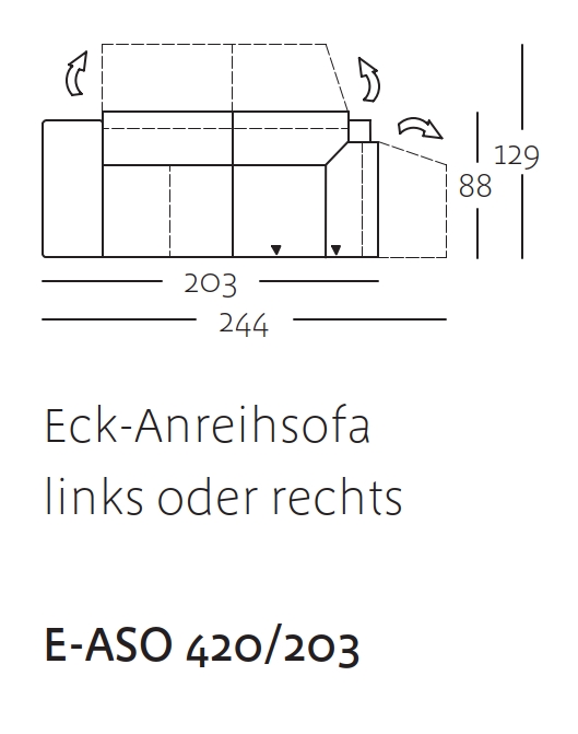 Technische Zeichnung eines Eck-Anreihsofas E-ASO 420/203 mit Abmessungen und Richtungspfeilen links oder rechts