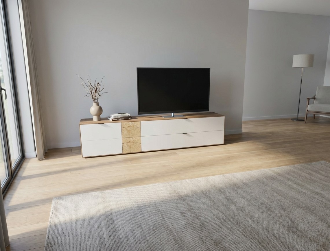 modernes weiß braunes Lowboard stilvoll dekoriert in einem hellen Zimmer