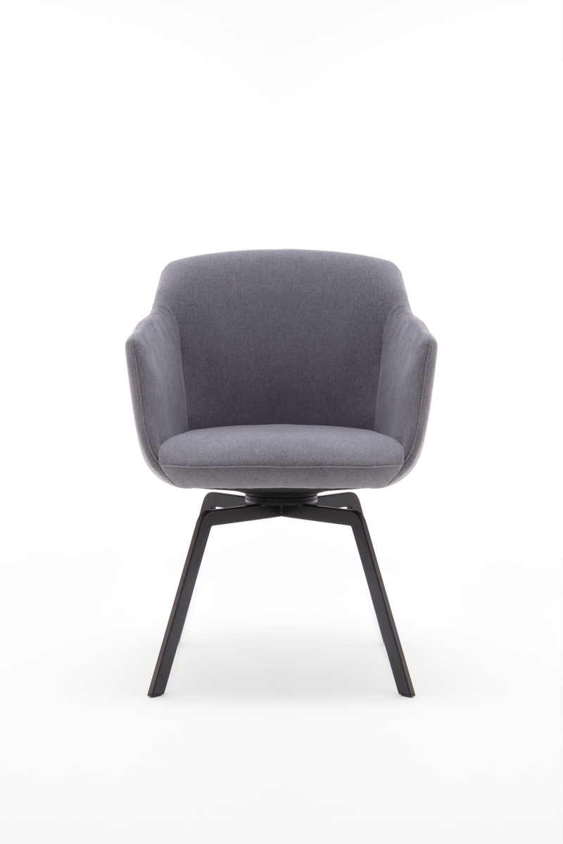 Vorderansicht eines modernen, grauen Polsterstuhls mit schwarzen Metallbeinen