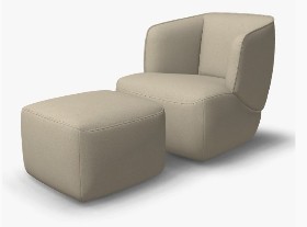 beiger designersessel mit hocker vor weißem hintergrund