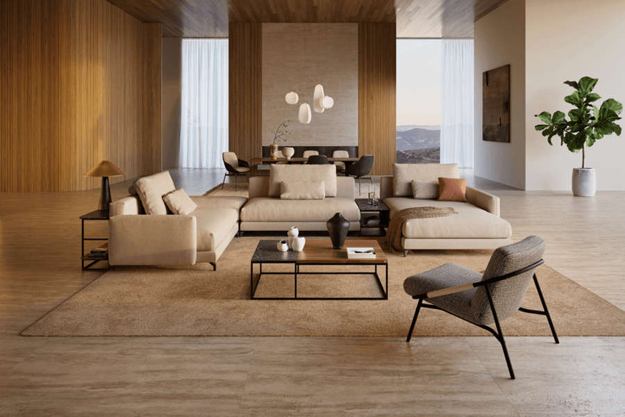 Wohnzimmer mit Polsergarnitur in beige