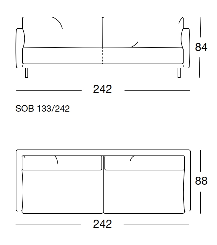 Maßzeichnung eines Sofaelements vor weißem Hintergrund freistil Rolf Benz 133