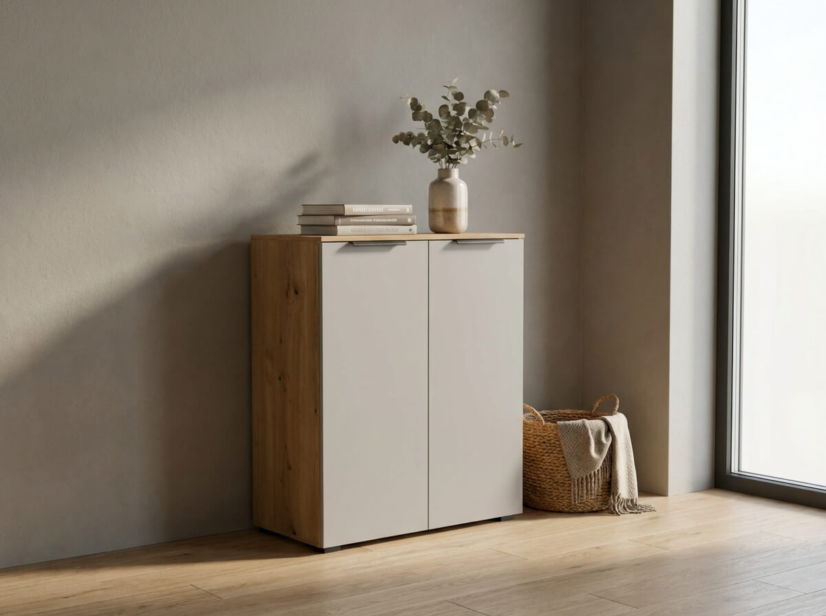 braun weiße kommode mit zwei türen stilvoll dekoriert