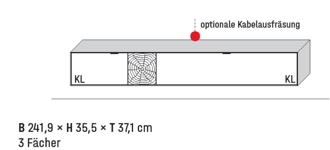 Illustration eines Lowboards und Beschriftung vor weißem Hintergrund