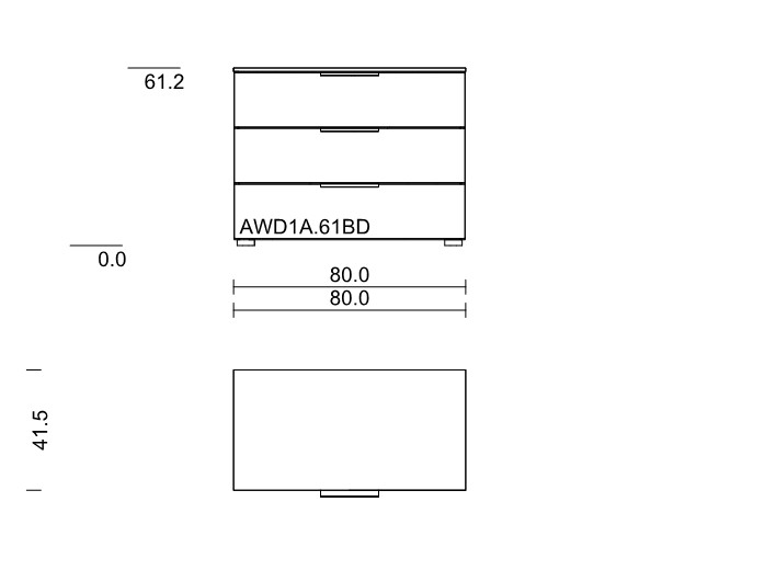 Maßzeichnung einer Kommode mit drei Schubladen vor weißem Hintergrund