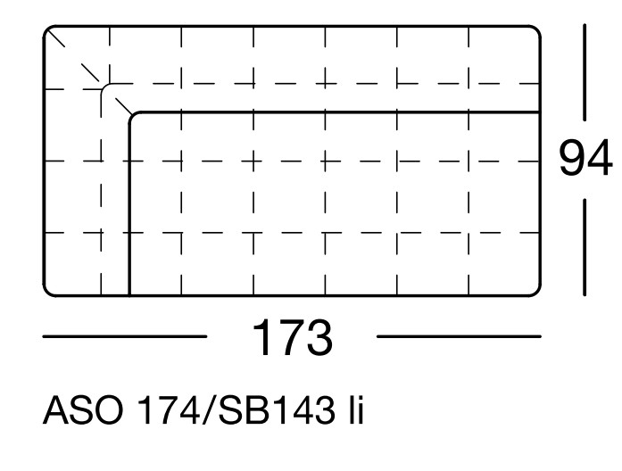 Maßzeichnung eines Sofaelements vor weißem Hintergrund