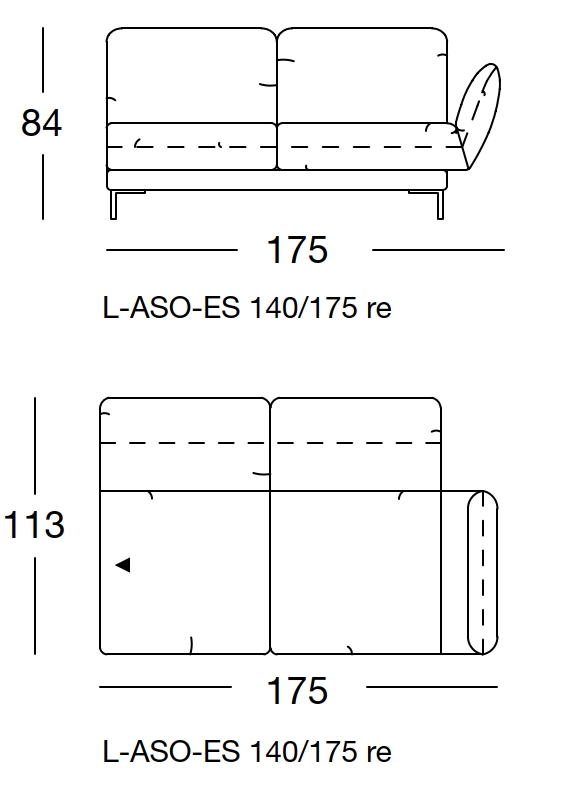  Maßzeichnung eines Sofaelements vor weißem Hintergrund freistil Rolf Benz 140