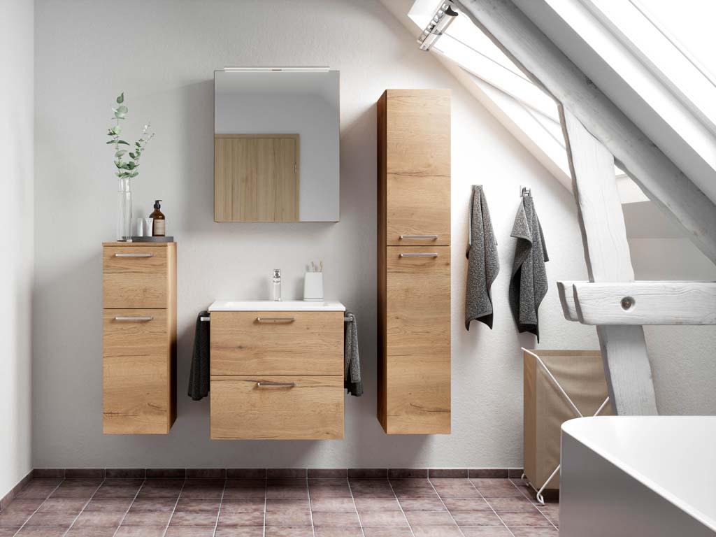 Badezimmermöbel-Set 3 Schränke Eiche Nachbildung mit Waschtisch und Spiegelschrank nobilia 
