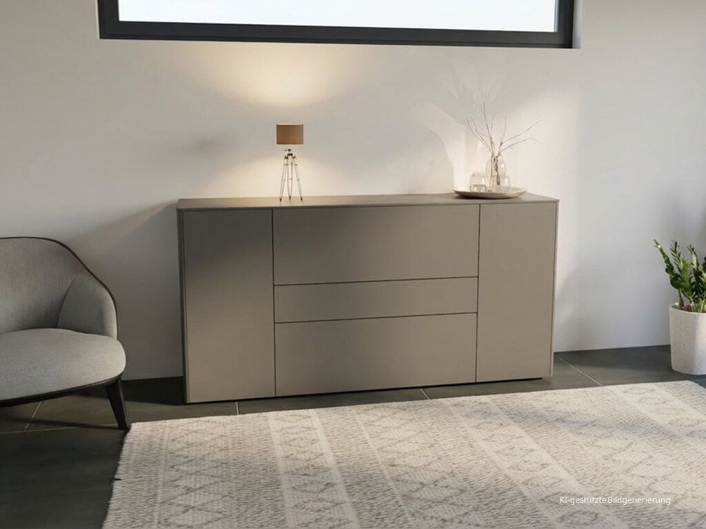 Graues Sideboard in Wohnzimmer mit 2 Türen und 3 Schubladen