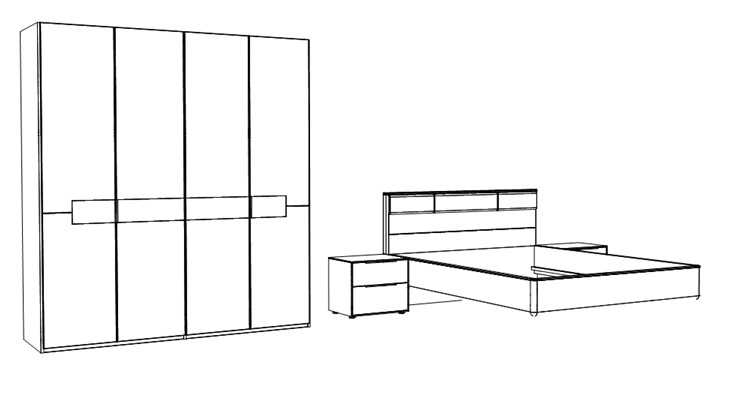 Illustration eines viertürigen Schrankes und einem Bett mit Nachtschränken vor weißem Hintergrund