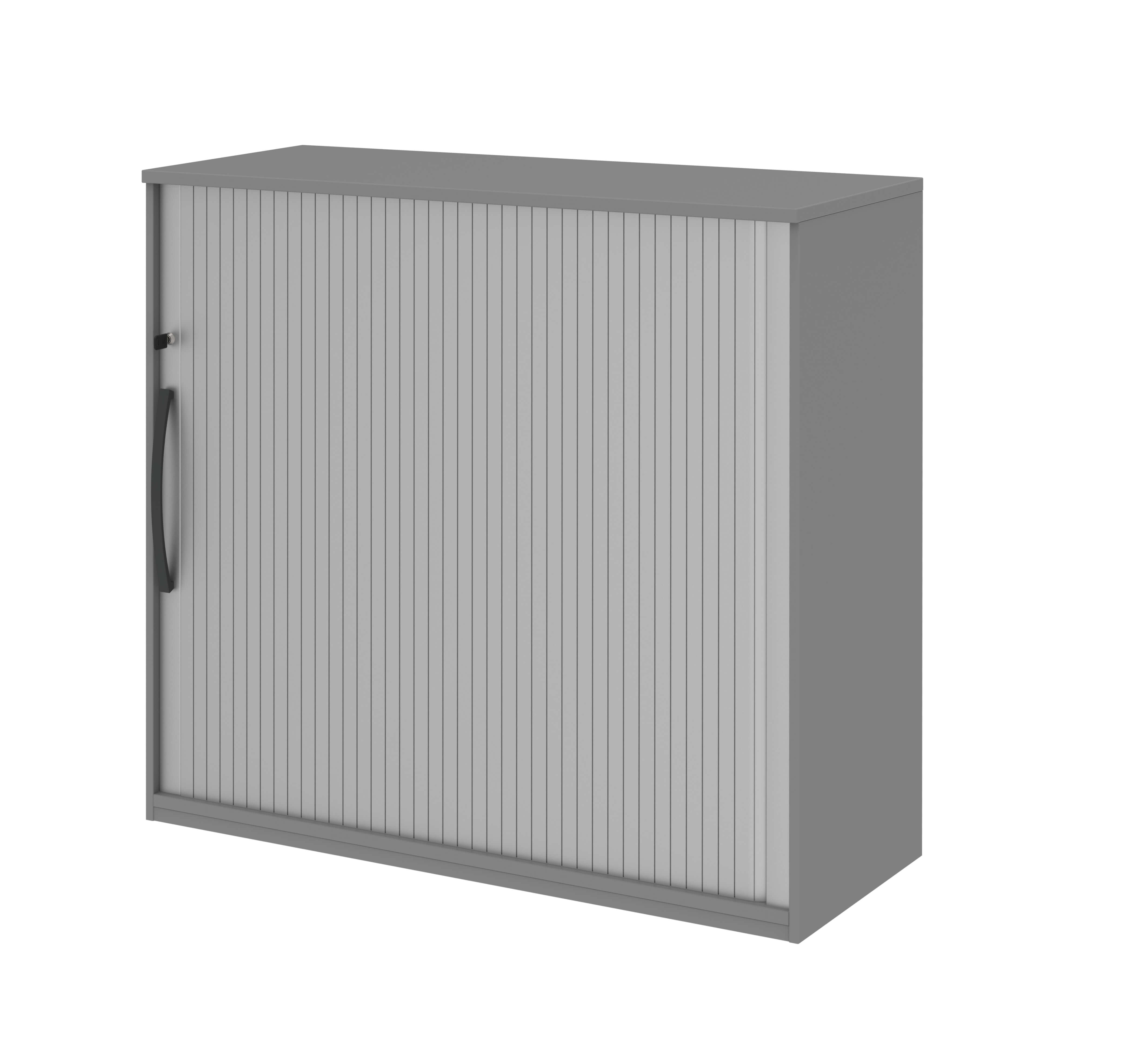 Grauer, moderner Rollladenschrank mit Griff, ideal für Büros.