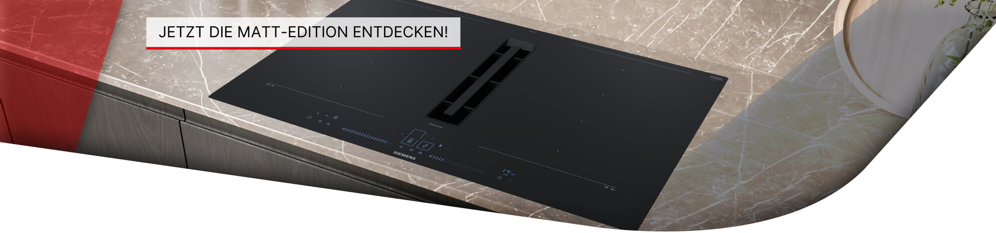 mattes Kochfeld mit Comicfigur mit Sprechblase "Jetzt die matt-Edition entdecken"