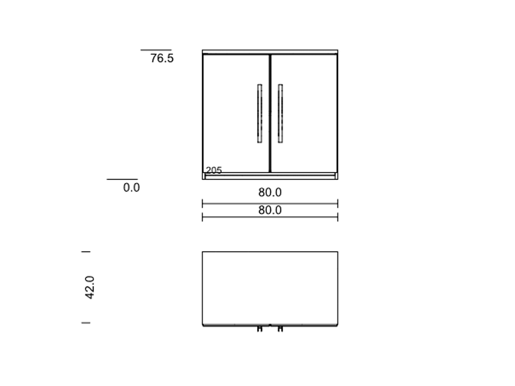 Technische Zeichnung eines zweiflügeligen Schranks, Maße: 80 cm Breite, 76,5 cm Höhe, 42 cm Tiefe, Detailansicht der Front und Seitenansicht