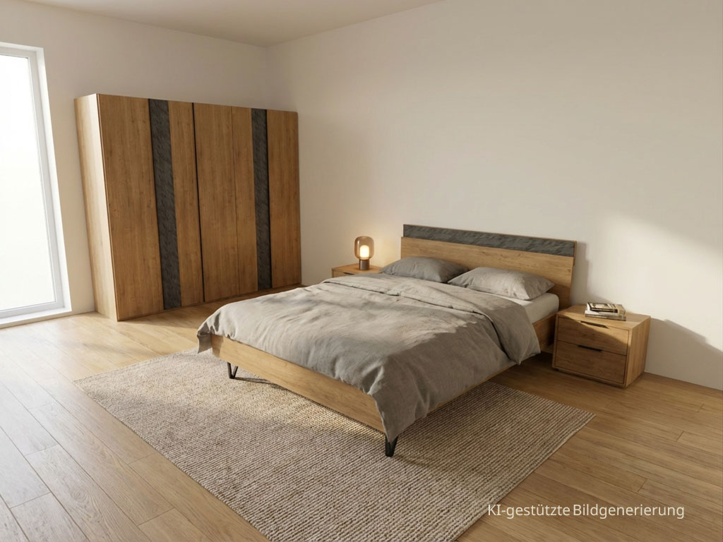 modernes braunes Schlafzimmer mit Bett und Kleiderschrank stilvoll dekoriert in einem hellen Raum mit Holzboden und großem Fenster, Bild KI generiert