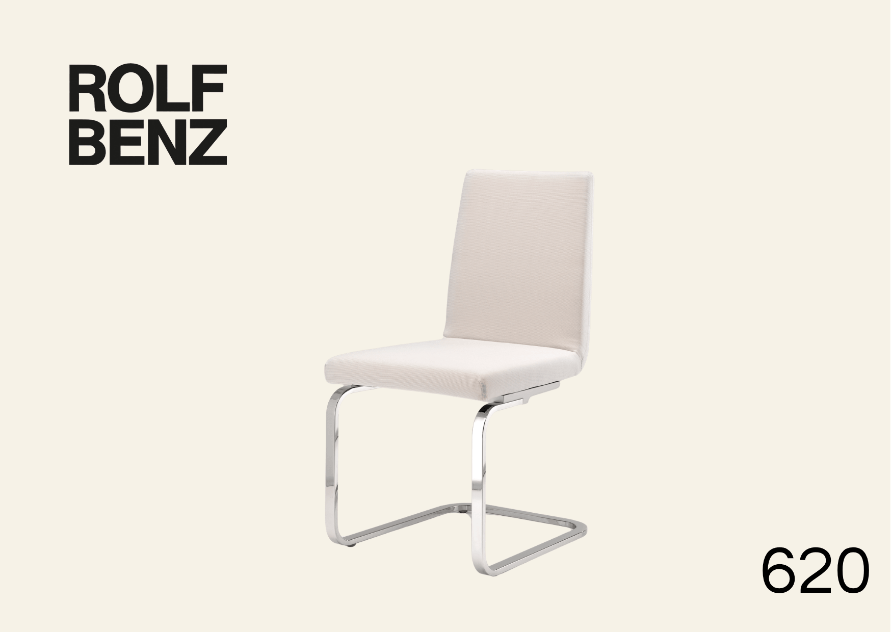Freischwinger Stuhl mit weißem Lederpolster und Chrom Gestell. Aufschrift: Rolf Benz 620.