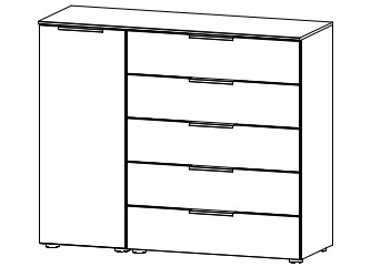 Illustration einer Kommode mit 5 Schubladen und einer Tür vor weißem Hintergrund