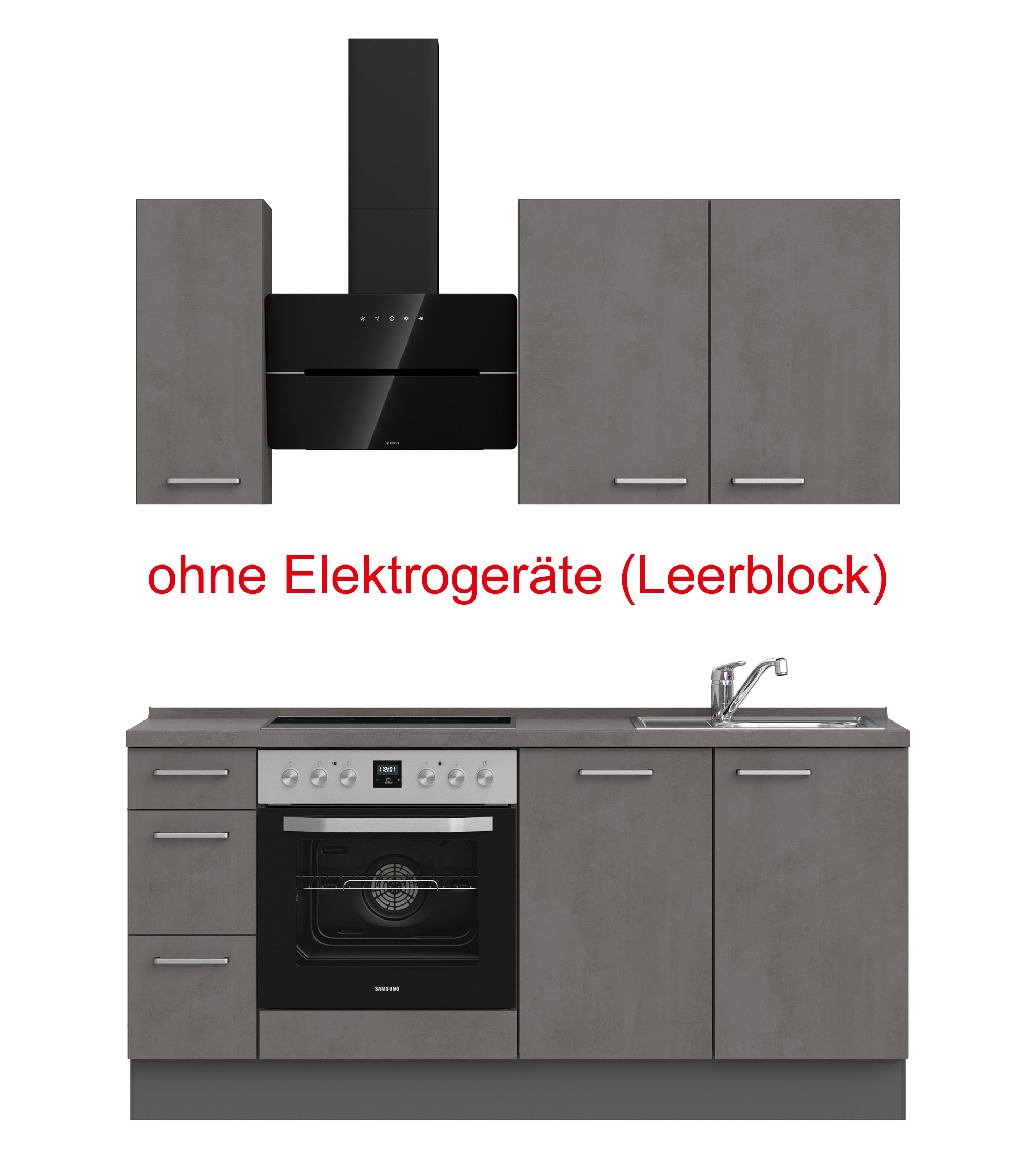 küchenzeile grau mit Backofen, Herd, Dunstabzugshaube, Waschbecken, Armatur mit Hinweistext ohne Elektrogeräte (Leerblock) nobilia riva